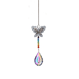 Honeyhandy Glass Teardrop Sun Catcher Hanging Prism Ornaments with Iron Butterfly, for Home, Garden, Ceiling Chandelier Decoration, Teardrop Pattern, 340~360mm