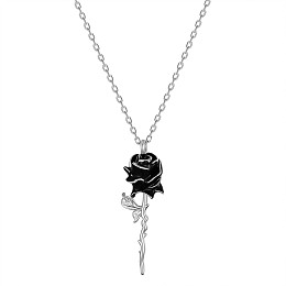 Arricraft Rose 925 Sterling Silver Pendant Necklaces, with Epoxy Resin and Cable Chains, Platinum, Black, 17.32inch(44cm)