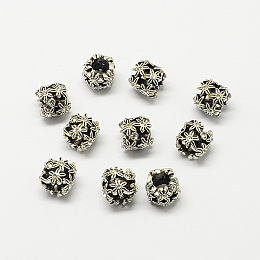 Honeyhandy Hollow Flower Alloy Rhinestone Large Hole European Beads, Antique Silver, Crystal, 10x10mm, Hole: 5mm