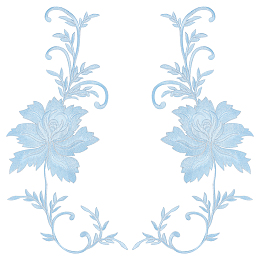 NBEADS Peony Polyester Embroidery Ornament Accessories, Applique Patch, Sewing Craft Decoration for Chinese Style Cheongsam, Light Blue, 460x155x1mm