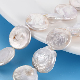 Honeyhandy Natural Keshi Pearl Beads Strands, Cultured Freshwater Pearl, Flat Round, Seashell Color, 16~18x3~8mm, Hole: 0.6mm, about 22~23pcs/strand, 14.57~15.35 inch(37~39cm)