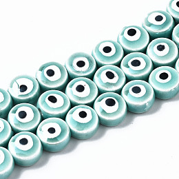 Honeyhandy Handmade Porcelain Ceramic Beads Strands, Bright Glazed Porcelain, Flat Round with Evil Eye, Turquoise, 8x5mm, Hole: 1.5mm, about 40pcs/strand, 12.01 inch(30.5cm)