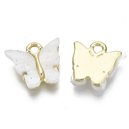 Honeyhandy Alloy Pendants, with Resin and Glitter Powder, Cadmium Free & Lead Free, Butterfly, Golden, Floral White, 13x13~15x3.5mm, Hole: 2mm