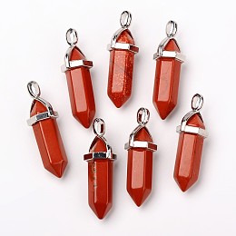 Honeyhandy Natural Red Jasper Double Terminated Pointed Pendants, with Random Alloy Pendant Hexagon Bead Cap Bails, Bullet, Platinum, 36~45x12mm, Hole: 3x5mm, Gemstone: 10mm in diameter