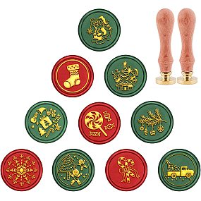 CRASPIRE Wax Seal Stamp Set 10PCS Christmas Vintage Sealing Wax Stamps 25mm Removable Brass Heads with 2PCS Wooden Handles Packed in Gift Box for Halloween Wedding Invitation Xmas Gift Cards Wrap