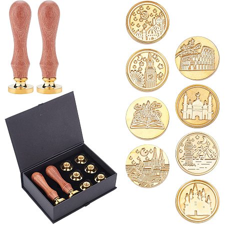 CRASPIRE Wax Seal Stamp Set, 8 Pieces Vintage Sealing Wax Stamps Copper Seals 2 Wooden Handle, Wax Stamp Kit for Wedding Invitations Cards Envelopes Wine Packages-Building Series