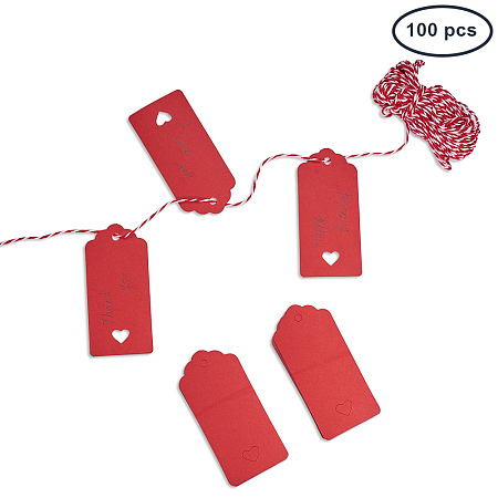 PandaHall Elite 100PCS Red Kraft Gift Tags Blank Paper Hang Tags Price Tags with 65 Feet String for Wedding Christmas Day Thanksgiving DIY Craft(95x45mm)