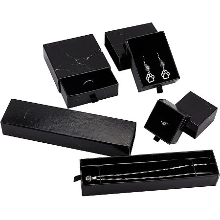 PandaHall Elite 4pcs Cardboard Jewelry Box 4 Sizes Necklace Earring Ring Gift Box Cotton Filled Gift Case Paper Jewelry Box Gift Case with Slots for Valentine's Day Jewelry Gift Packaging, Balck Marble