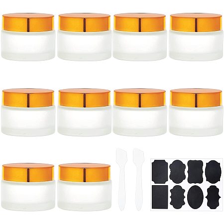 BENECREAT 8Pack 50ml Empty Jars Frosted Glass Refillable Cream Bottle Face Cream Box Pot with Golden Aluminum Cover, Spoon and Sticker for Makeup Lip Balm Eyeshadow Essential Oils, 57x45mm