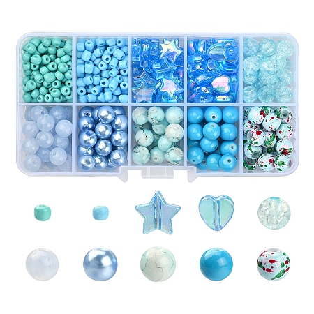 DIY Beads Jewelry Making Finding Kit, Including Imitation Jade & Crackle & Star & Heart & Round Acrylic & Glass Beads, Blue, 4~10x3~9mm, Hole: 1~2mm, 709Pcs/box