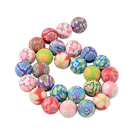 NBEADS 10 Strands of 14mm Assorted Colorful Fimo Polymer Clay Round Flower Printed Charm Beads for Jewelry Making