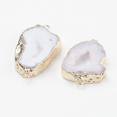 Honeyhandy Electroplate Natural Druzy Geode Quartz Crystal Links connectors, with Brass Findings, Nuggets, Golden, White, 22~45x10~35x4~5.5mm, Hole: 2mm