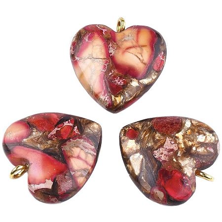 CHGCRAFT 10pcs Sincere Hot Heart Charms with Golden Iron Findings Sea Sediment Heart Jasper Pendants for Women Necklace Bracelets Jewelry Making DIY Crafts 22x20x7mm, Hole 2mm