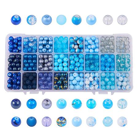 ARRICRAFT 1 Box (about 720 pcs) 24 Color 8mm Round Mixed Style Glass Beads Assortment Lot for Jewelry Making, Gradual Blue Series