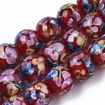 ARRICRAFT Handmade Lampwork Beads Strands, Inner Flower, Round, FireBrick, 11.5~12.5x10.5~11.5mm, Hole: 1.4mm, about 45pcs/Strand, 19.69 inches~20.08 inches
