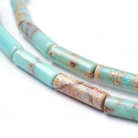 Honeyhandy Natural Imperial Jasper Beads Strands, Dyed, Column, Pale Turquoise, 13~14x4~4.5mm, Hole: 1mm, about 29pcs/strand, 15.35 inch~15.7 inch(39~39.9cm)