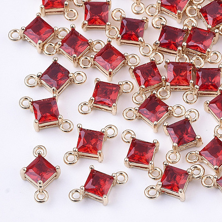 Honeyhandy Transparent Glass Links connectors, with Brass Findings, Faceted, Rhombus, Light Gold, Red, 11x7x4mm, Hole: 1mm, Side Length: 5mm