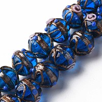 Handmade Gold Sand Lampwork Beads Strands, Round with Flower, Blue, 13~15x11~13mm, Hole: 1.6mm, about 45pcs/strand, 20.47 inch~21.06 inch(52cm~53.5cm)