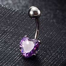 Honeyhandy Piercing Jewelry, Brass Cubic Zirconia Navel Ring, Belly Rings, with 304 Stainless Steel Bar, Lead Free & Cadmium Free, Heart, Platinum, Purple, 20x8mm, Bar: 15 Gauge(1.5mm), Bar Length: 3/8"(10mm)