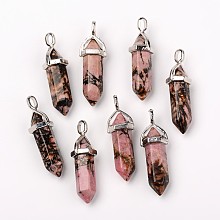 Honeyhandy Natural Rhodonite Double Terminated Pointed Pendants, with Random Alloy Pendant Hexagon Bead Cap Bails, Bullet, Platinum, 37~40x12mm, Hole: 3mm