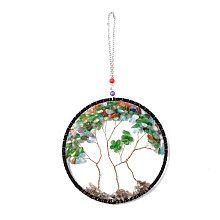 Honeyhandy Wire Wrapped Chips Natural Gemstone Big Pendant Decorations, with Iron Chains and Imitation Leather Rope, Flat Round with Tree of Life, 295mm