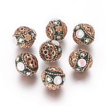 Honeyhandy Handmade Indonesia Beads, with Rhinestone and Brass Findings, Round, Light Gold, Dark Slate Gray, 16.5~18.3x16x16.5mm, Hole: 1.8mm