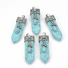 Honeyhandy Synthetic Turquoise Pendants, with Alloy Findings, Sword, Dyed, Antique Silver, 49~55x16x10~11mm, Hole: 6.5x3mm