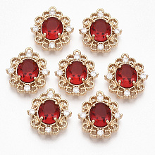 Honeyhandy Golden Tone Brass Pendants, with Faceted Glass and Rhinestone, Oval, Red, 20x17.5x5.5mm, Hole: 1.2mm