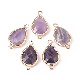 Honeyhandy Natural Amethyst Links connectors, with Golden Tone Brass Findings, Teardrop, 22x12x5mm, Hole: 1.6mm