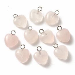 Honeyhandy Natural Rose Quartz Charms, with Platinum Brass Peg Bail, Heart, 13.5~14.5x10.5x5mm, Hole: 1.8mm