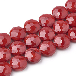 Honeyhandy Opaque Solid Color Glass Beads Strands, Faceted, Flat Round, Red, 14x8mm, Hole: 1~1.2mm, about 25pcs/strand, 13.77 inch(35cm)