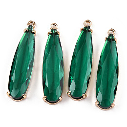 Honeyhandy Transparent Glass Pendants, with Brass Findings, Faceted, Teardrop, Light Gold, Sea Green, 32x8x4mm, Hole: 1.2mm