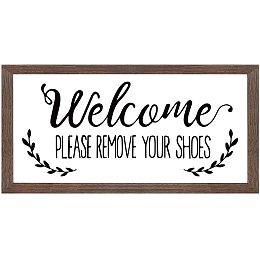 FINGERINSPIRE Welcome Please Remove Your Shoes Art Sign Solid Wood Framed Block Sign Funny Living Room Decor Sign with Arylic Layer 13x7 Inch Large Hangable Wooden Frame for Home Decor