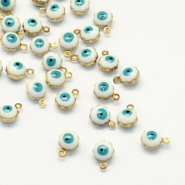 Honeyhandy Golden Tone Brass Enamel Charms, Flower with Eye, White, 9x7x5mm, Hole: 1mm