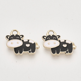 Honeyhandy Alloy Enamel Pendants, Light Gold, Cow, Black, 16x19x2.5mm, Hole: 2.5mm