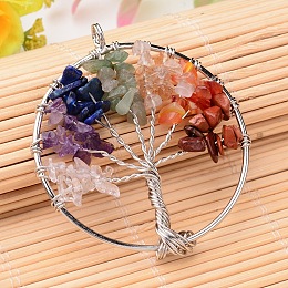 Honeyhandy Natural & Synthetic Gemstone Big Pendants, with Platinum Plated Brass Findings, Flat Round with Tree of Life, 53~56x48~51x8mm, Hole: 4mm