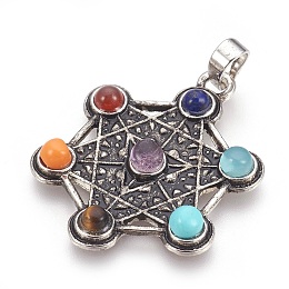 Honeyhandy Natural & Synthetic Gemstone Pendants, with Alloy Findings, Chakra, Metatron's Cube/Sacred Geometry, Antique Silver, 38x30x5mm, Hole: 5x8mm