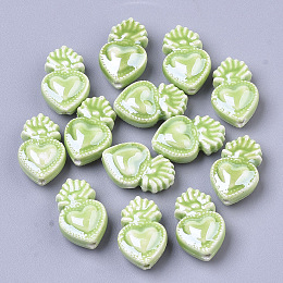 ARRICRAFT Handmade Porcelain Beads, Bright Glazed Porcelain Style, Heart, Yellow Green, 16x10.5x6.5mm, Hole: 1.2mm