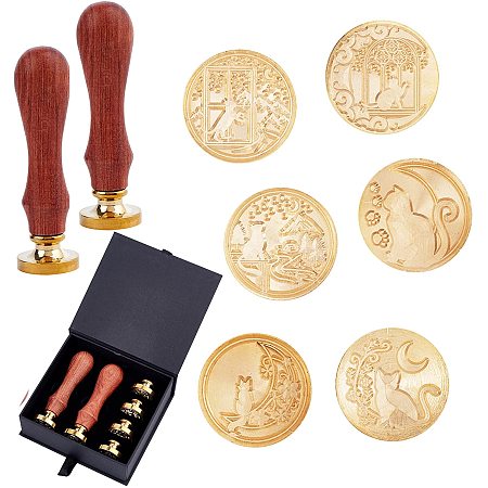 CRASPIRE Wax Seal Stamp Heads Set 6pcs Vintage Sealing Wax Stamps with 2pcs Wood Handles 25mm Round Removable Brass Head Sealing Stamp for Wedding Invitation-Cat Series