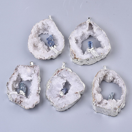 Honeyhandy Natural Druzy Agate Big Pendants, Edge Platinum Plated, with Natural Kyanite/Cyanite/Disthene and Iron Snap on Bails, Nuggets, 37~71x29~55x9~15mm, Hole: 4x6mm