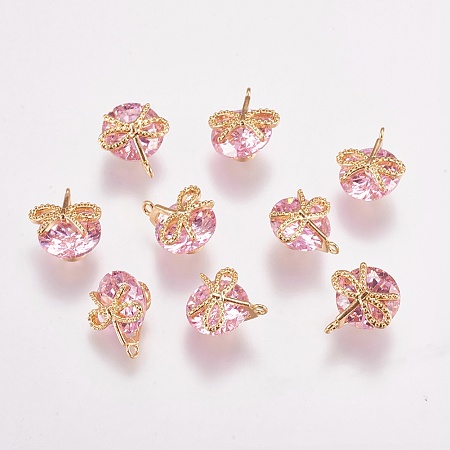 Nbeads Brass Glass Charms, Real 18K Gold Plated, Bowknot, Pink, 11x9x6mm, Hole: 1mm