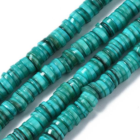 Arricraft Natural Freshwater Shell Beads Strands, Dyed, Flat Round/Disc, Heishi Beads, Light Sea Green, 5~6x1~2mm, Hole: 1mm, about 205~215pcs/strand, 15.35 inch(39cm)