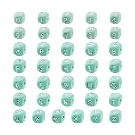 ARRICRAFT Silicone Beads for Bracelet or Necklace Making, Cube with Letter & Number, Turquoise, 46pcs/box