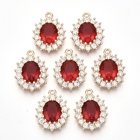 NBEADS Transparent Faceted Glass Pendants, with Clear Rhinestone and Golden Tone Brass Open Back Settings, Oval, Red, 20x15x6mm, Hole: 1.4mm