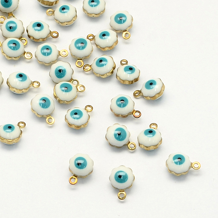 Honeyhandy Golden Tone Brass Enamel Charms, Enamelled Sequins, Flower with Eye, White, 9x7x5mm, Hole: 1mm