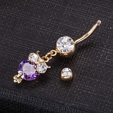 Honeyhandy Piercing Jewelry, Brass Cubic Zirconia Navel Ring, Belly Rings, with 304 Stainless Steel Bar, Cadmium Free & Lead Free, Real 18K Gold Plated, Owl, Purple, 40x9mm, Bar Length: 3/8"(10mm), Bar: 14 Gauge(1.6mm)