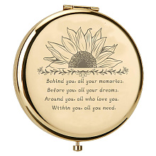 CREATCABIN 1Pc Stainless Steel Customization Mirror, Flat Round with Flower & Word, with 1Pc Rectangle Velvet Pouch, Golden, Mirror: 7x6.5cm