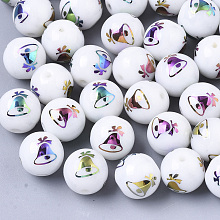 Honeyhandy Christmas Opaque Glass Beads, Round with Electroplate Christmas Bell Pattern, Multi-color Plated, 10mm, Hole: 1.2mm