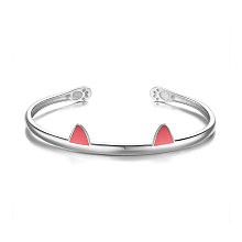 SHEGRACE Cute Design 925 Sterling Silver Kitten Cuff Bangle, Cat Ears, Platinum, 6-3/4 inch(17cm)