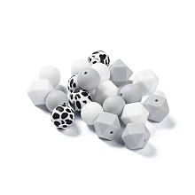 Round/Polygon Silicone Focal Beads, Chewing Beads For Teethers, DIY Nursing Necklaces Making, Leopard Cow Pattern, Light Grey, 14~15x15~18x14~15mm, Hole: 2.3~2.5mm, 20pcs/bag